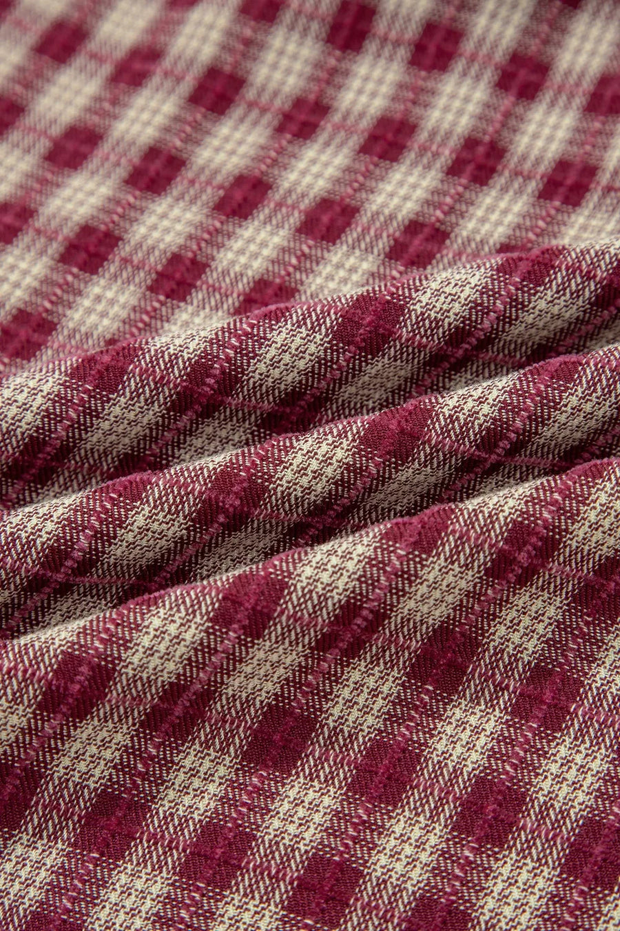 Country plaid blouse in burgundy and cream, showing fabric texture and weave.