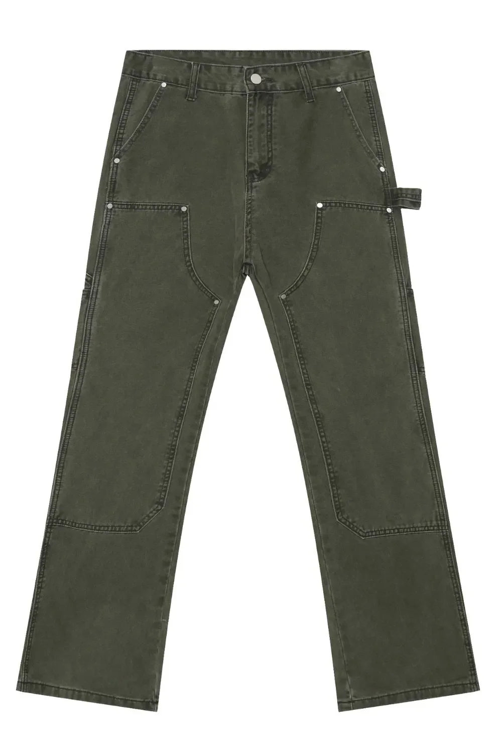 Army green utility wide-leg jeans with multiple pockets and reinforced knees.