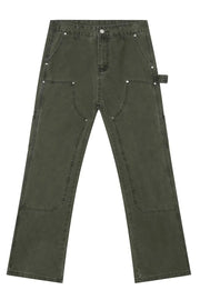 Army green utility wide-leg jeans with multiple pockets and reinforced knees.