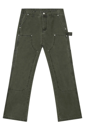 Army green utility wide-leg jeans with multiple pockets and reinforced knees.