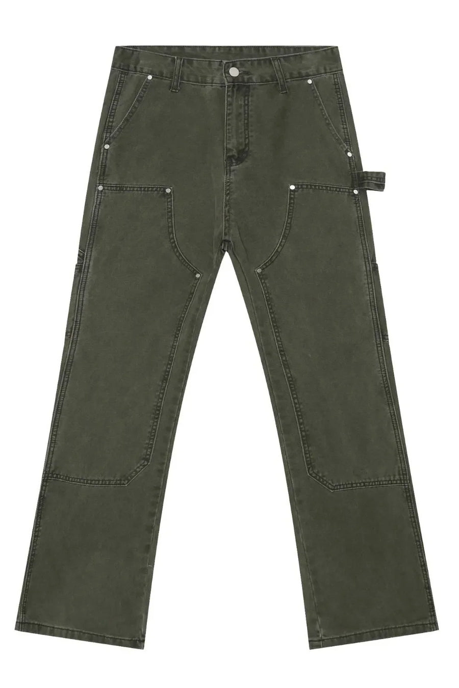 Army green utility wide-leg jeans with multiple pockets and reinforced knees.