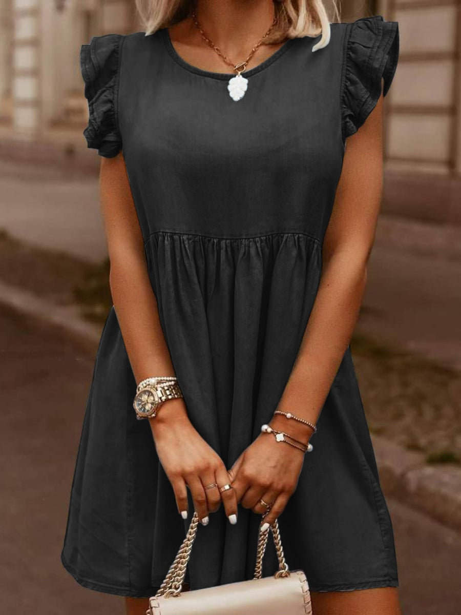 Black denim babydoll dress with ruffled short sleeves and a gathered waist.
