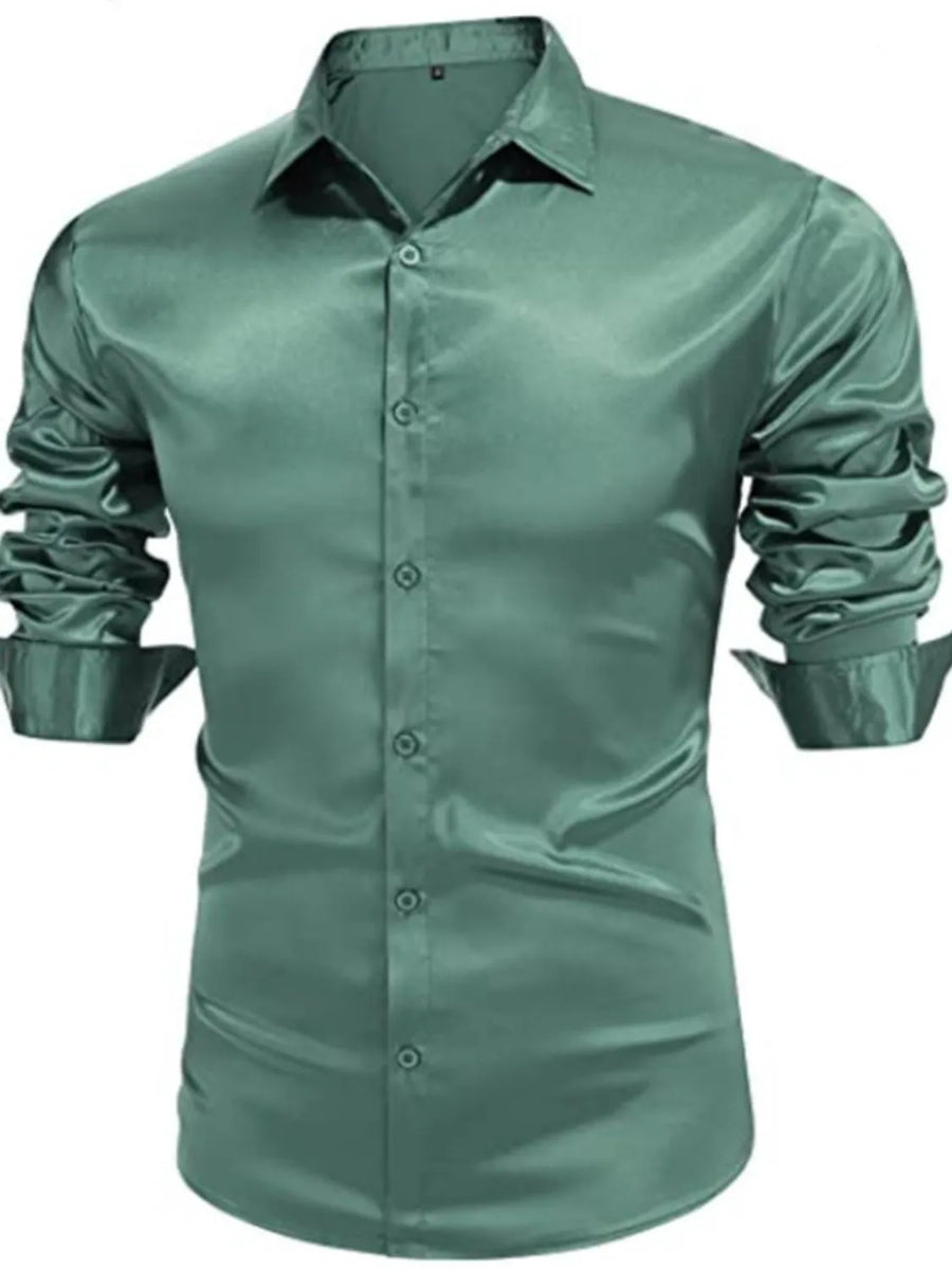 Satin finish slim fit button-down shirt in a muted green with ruched sleeves.