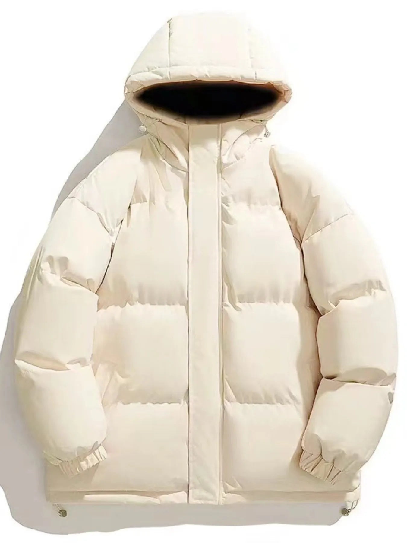 Oversized hooded puffer coat in Rice White with a zip-up front and elastic cuffs.