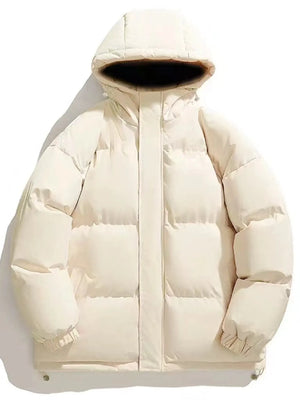 Oversized hooded puffer coat in Rice White with a zip-up front and elastic cuffs.