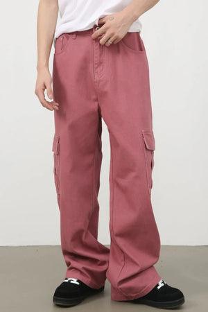Dusty Rose wide-leg cargo trousers with multiple pockets and a casual fit.