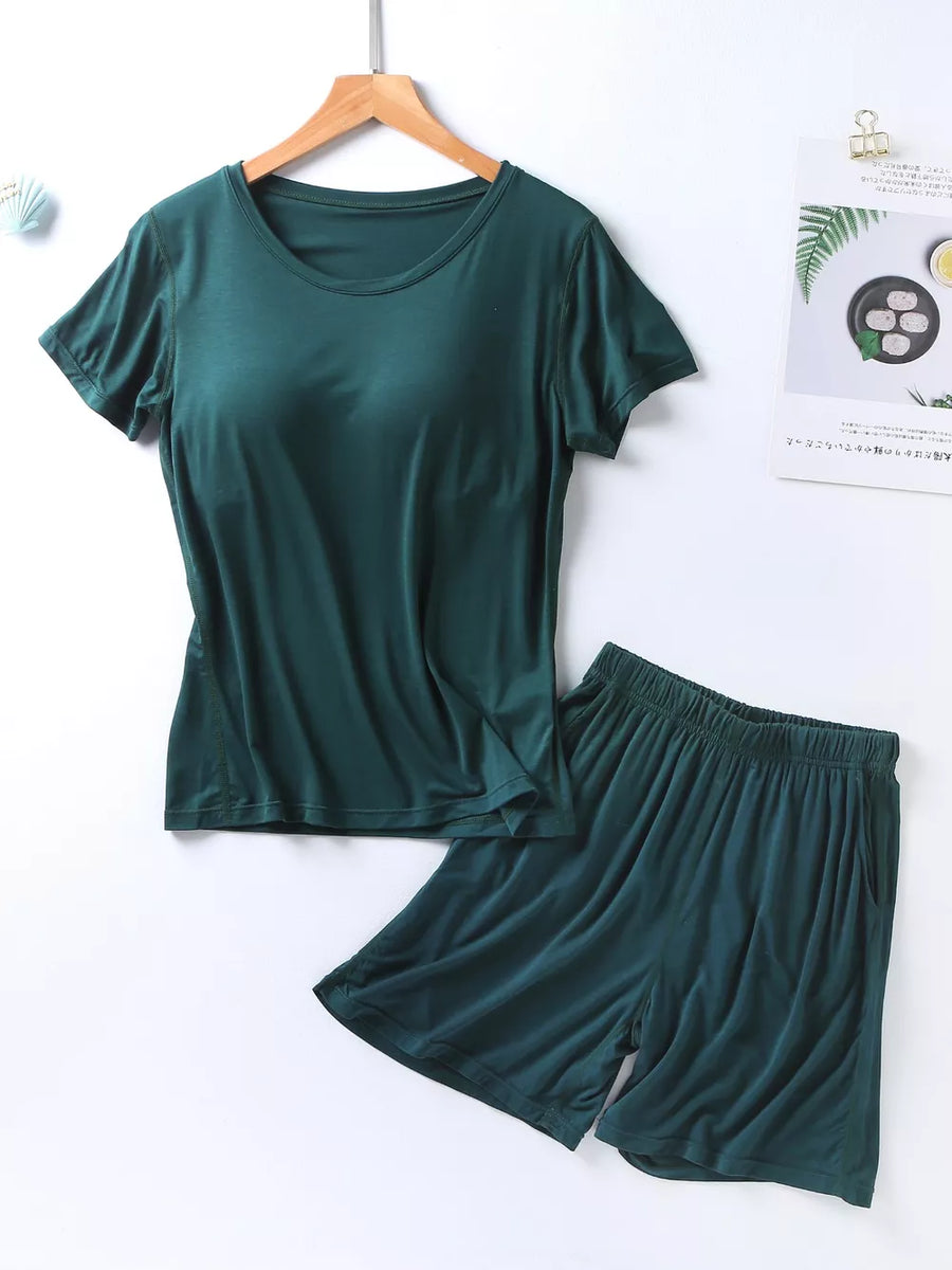 Green short sleeve pajama set with elastic waist shorts and pockets