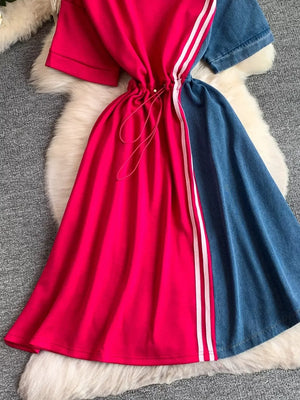 Color block casual dress with drawstring, white stripes, and denim panel.