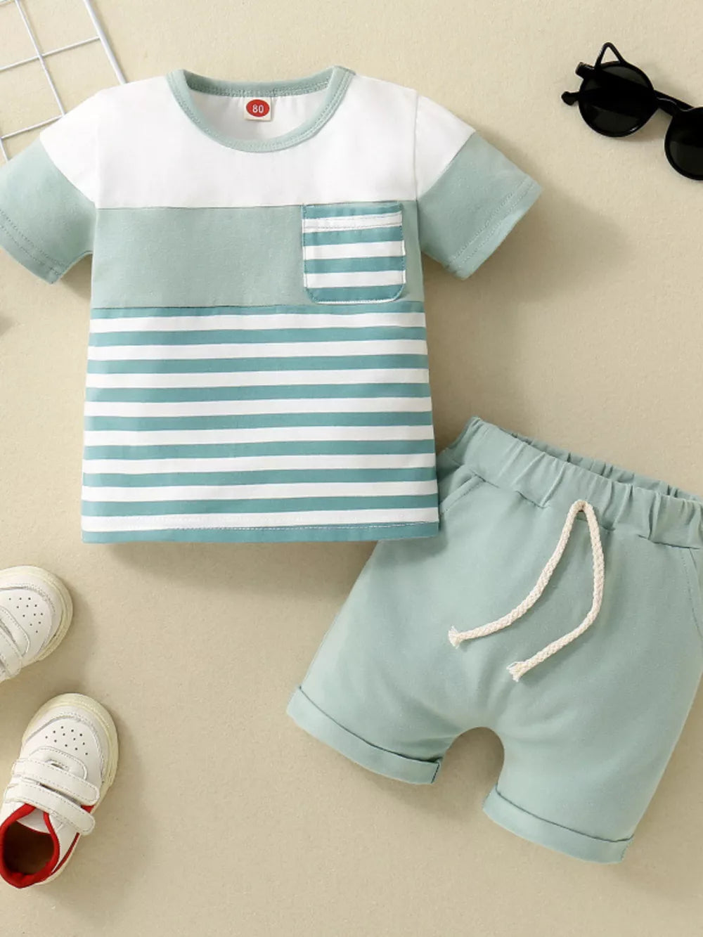 Dark Blue with Children's Striped T-shirt And Shorts Set in Dark Blue