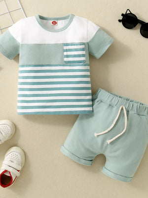 Dark Blue with Children's Striped T-shirt And Shorts Set in Dark Blue