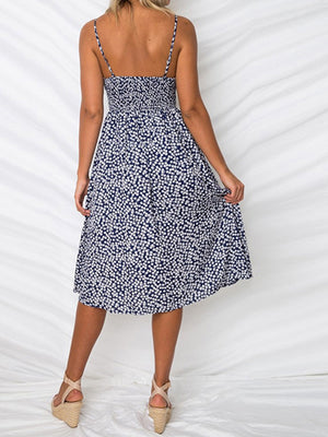 Dark blue floral midi sundress with smocked bodice and cami straps