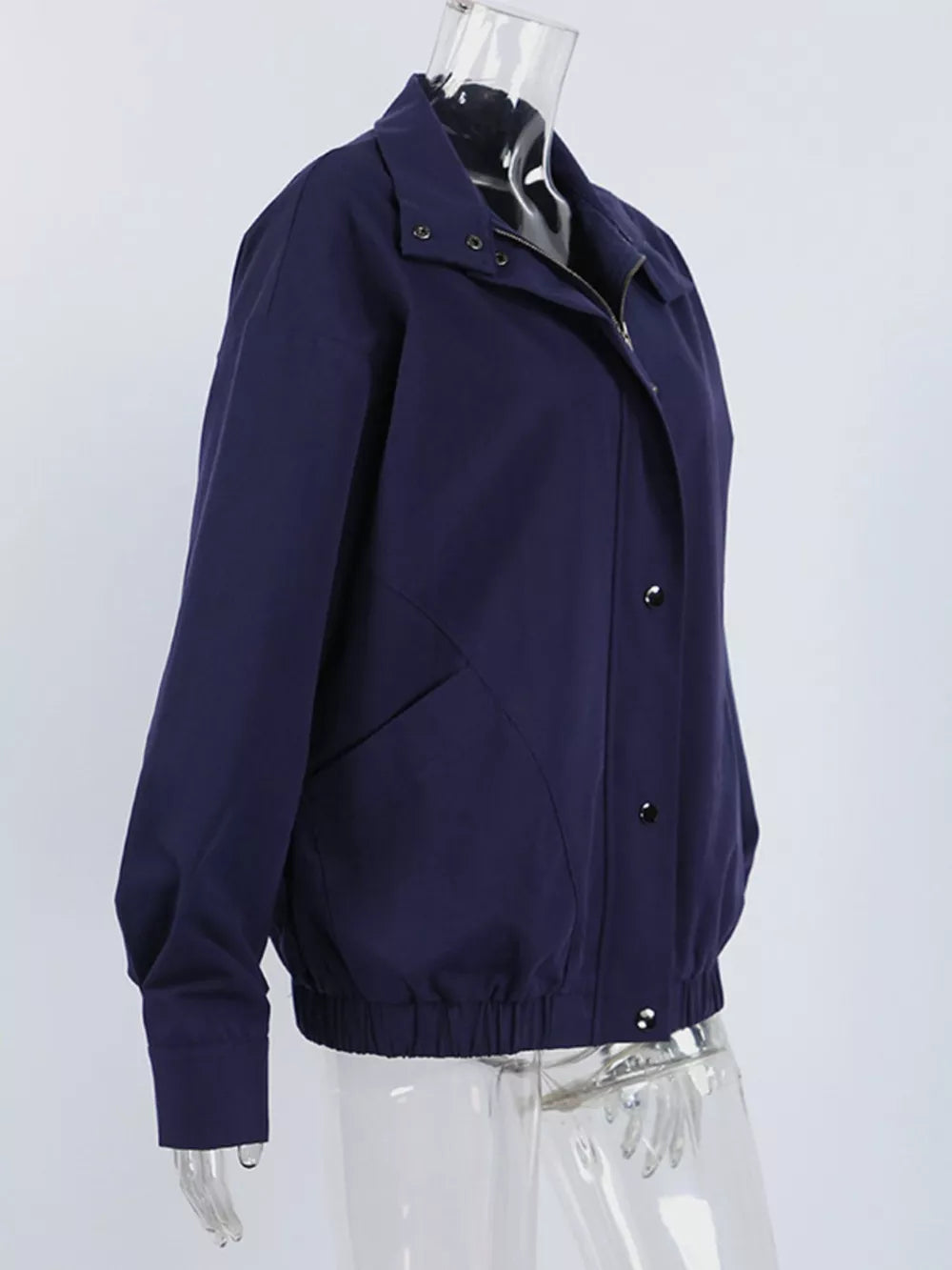 navy blue bomber jacket with zipper and long sleeve