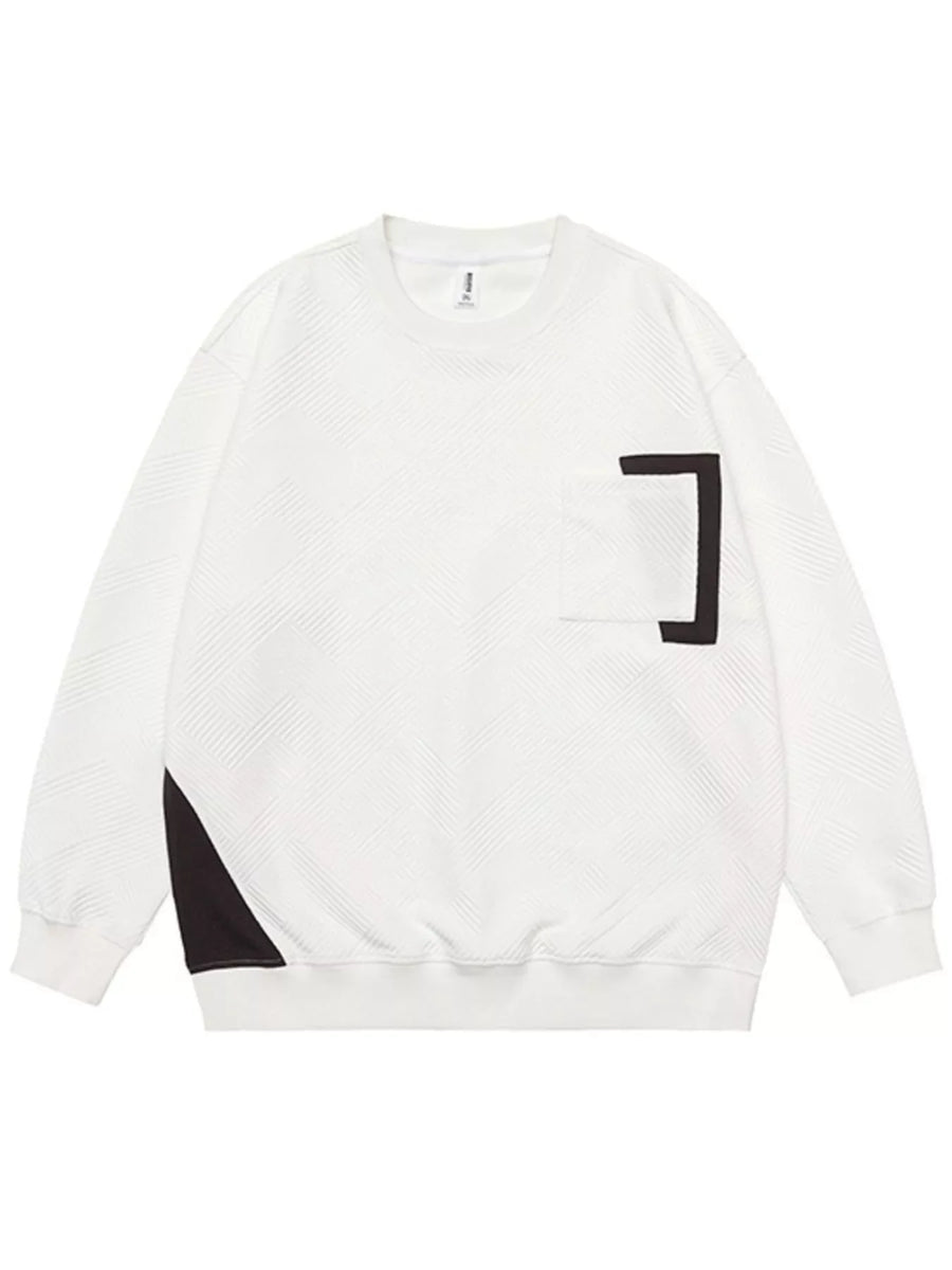 White crew neck sweatshirt with textured pattern, chest pocket, and black accents