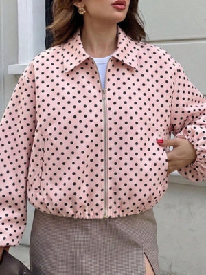 Pink zip-up jacket with zip-front and polka dot