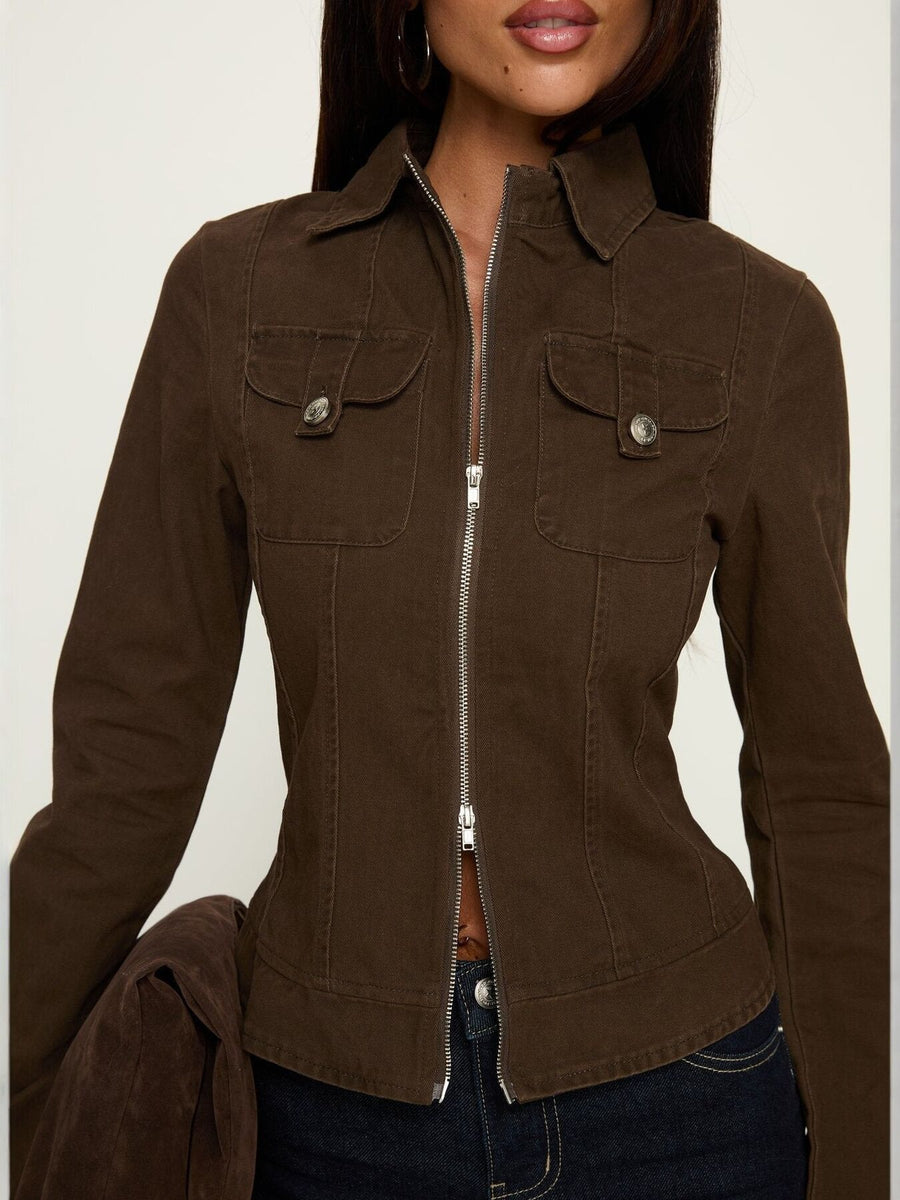 50% cotton, 50% polyester Care instructions: Machine wash cold jacket in Coffee Brown with slim silhouette