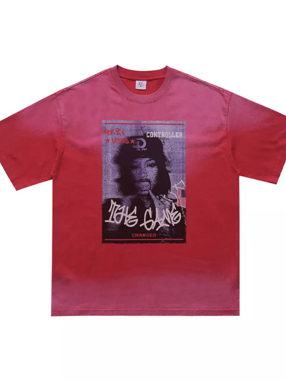 Red tie-dye t-shirt with graphic print of a person wearing a hat and the words "The Gang Controller Changer