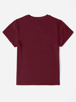 Burgundy t-shirt with crew neck and short sleeves.