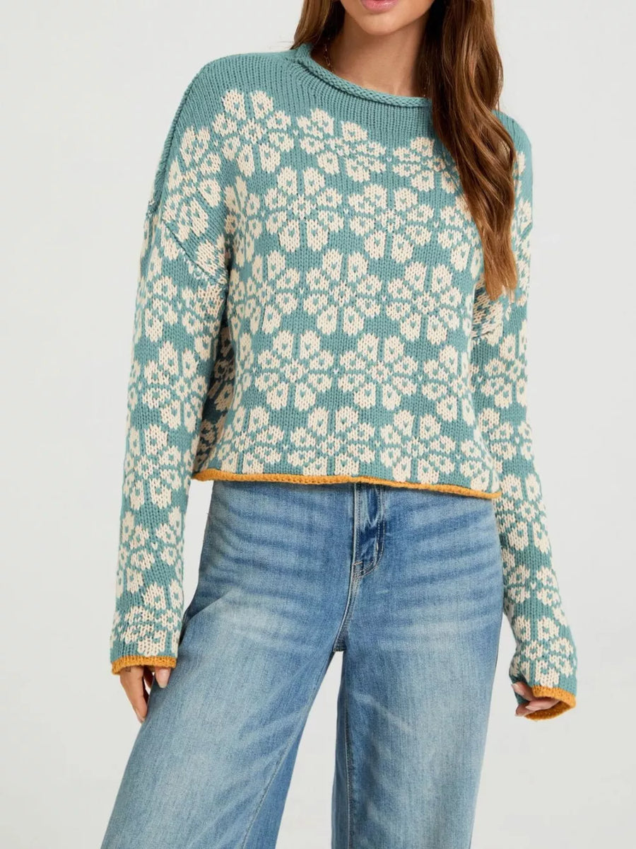 teal pullover sweater with floral and crew neck