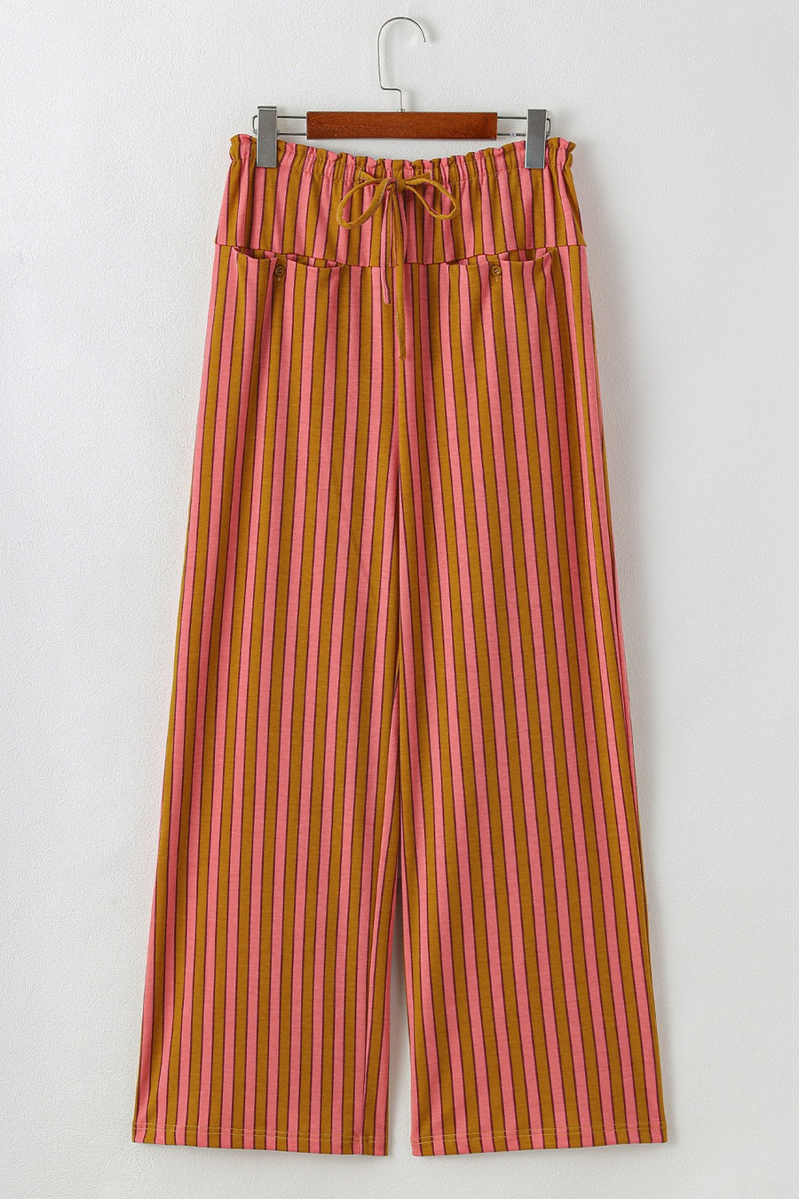Wide leg pants with pink and brown stripes, drawstring waist, and pockets.