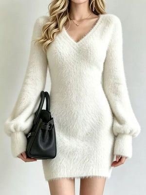 V-neck Fuzzy Knit Sweater Dress in Lavender with stretch