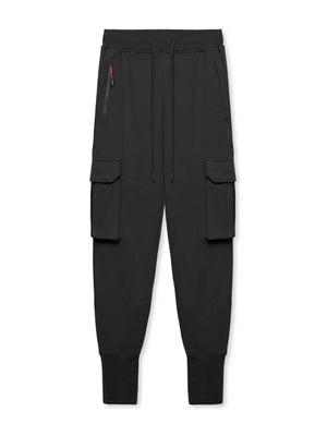 Black Tech-Knit cargo joggers with zip pocket and drawstring waist.