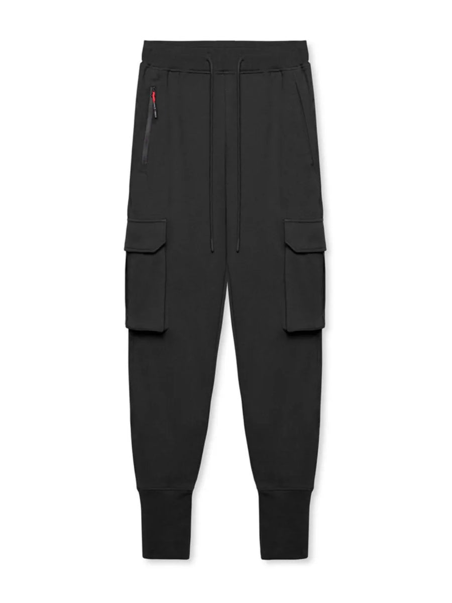Black Tech-Knit cargo joggers with zip pocket and drawstring waist.