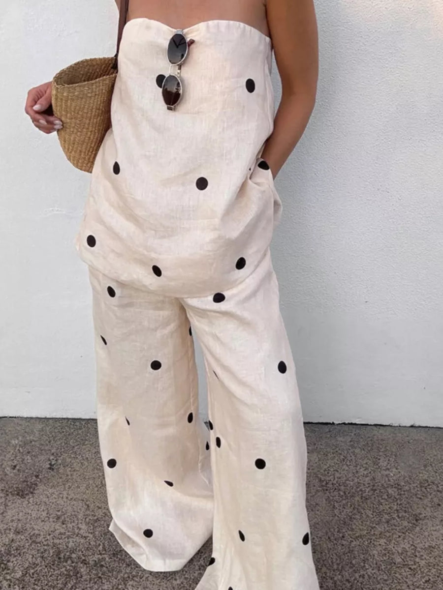 Linen polka dot strapless top and wide-leg pants set in cream with black dots.