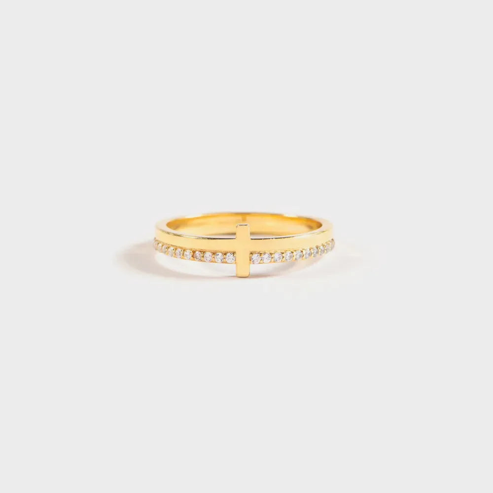 Gold pavé cross band ring with two stacked bands.