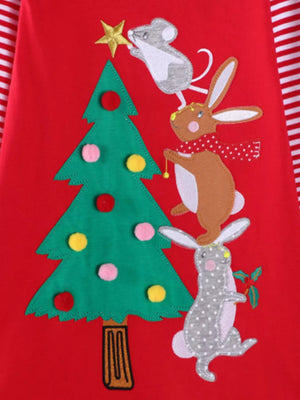 Red long-sleeve baby dress with Christmas tree and animal applique design