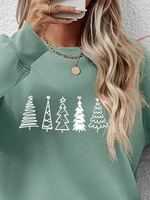 Sage green crewneck sweatshirt with white festive tree line graphic and crew neckline.