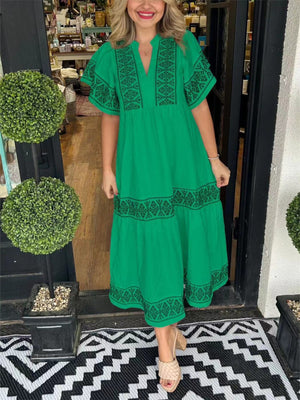 Khaki Full Size Geometric Print Midi Dress Plus Size