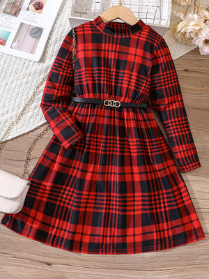 Belted plaid long-sleeve dress in deep red with a mock neck and gold buckle detail.