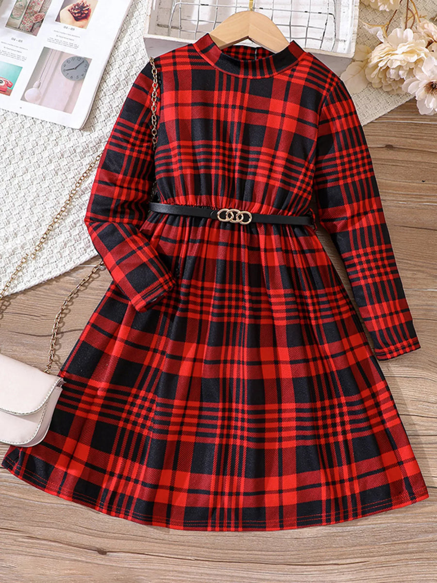 Belted plaid long-sleeve dress in deep red with a mock neck and gold buckle detail.