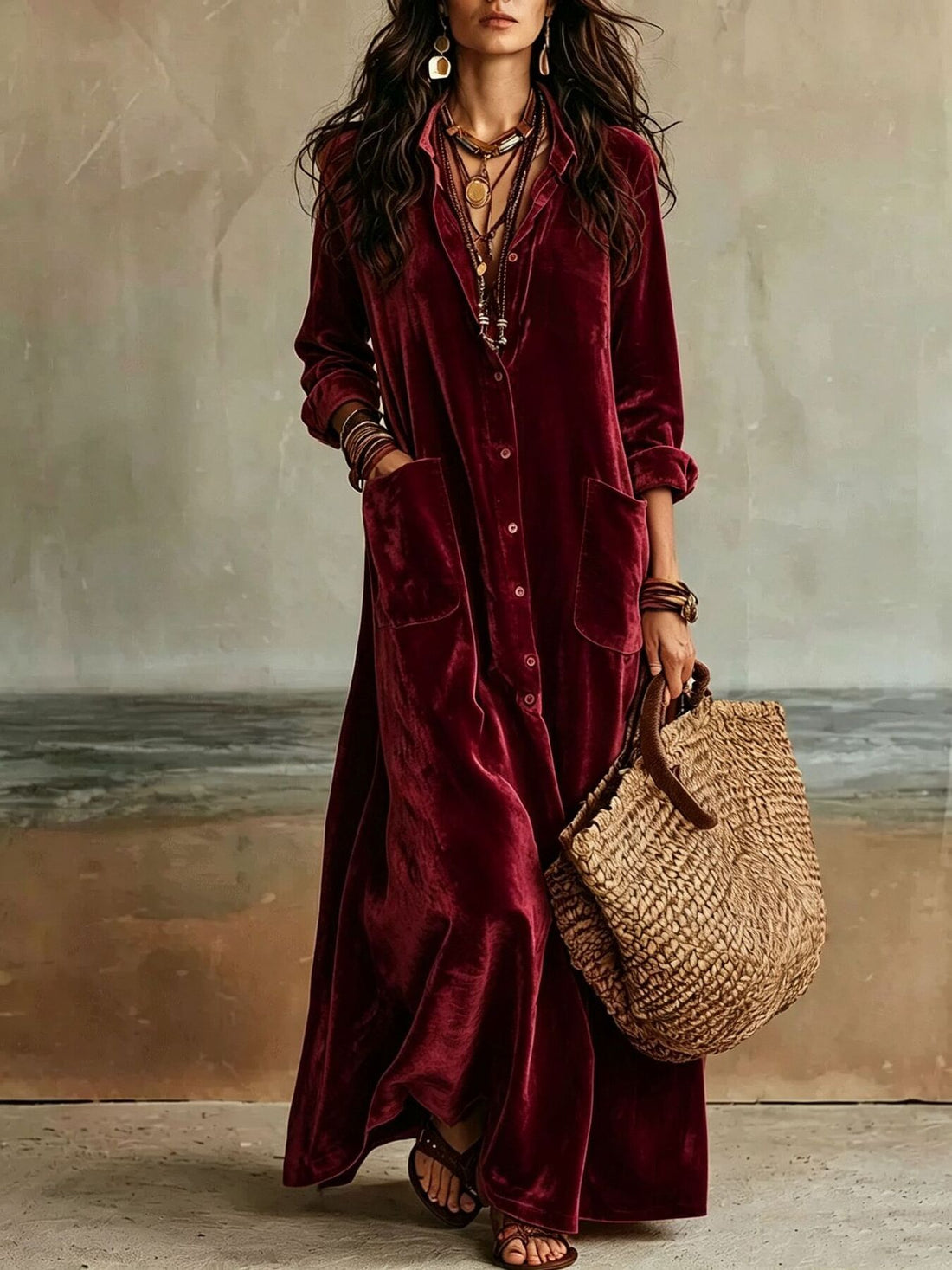 shirt dress in Black with buttoned and maxi