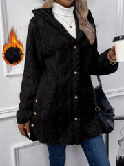Black hooded fleece trench coat with cable knit texture and gold button details.
