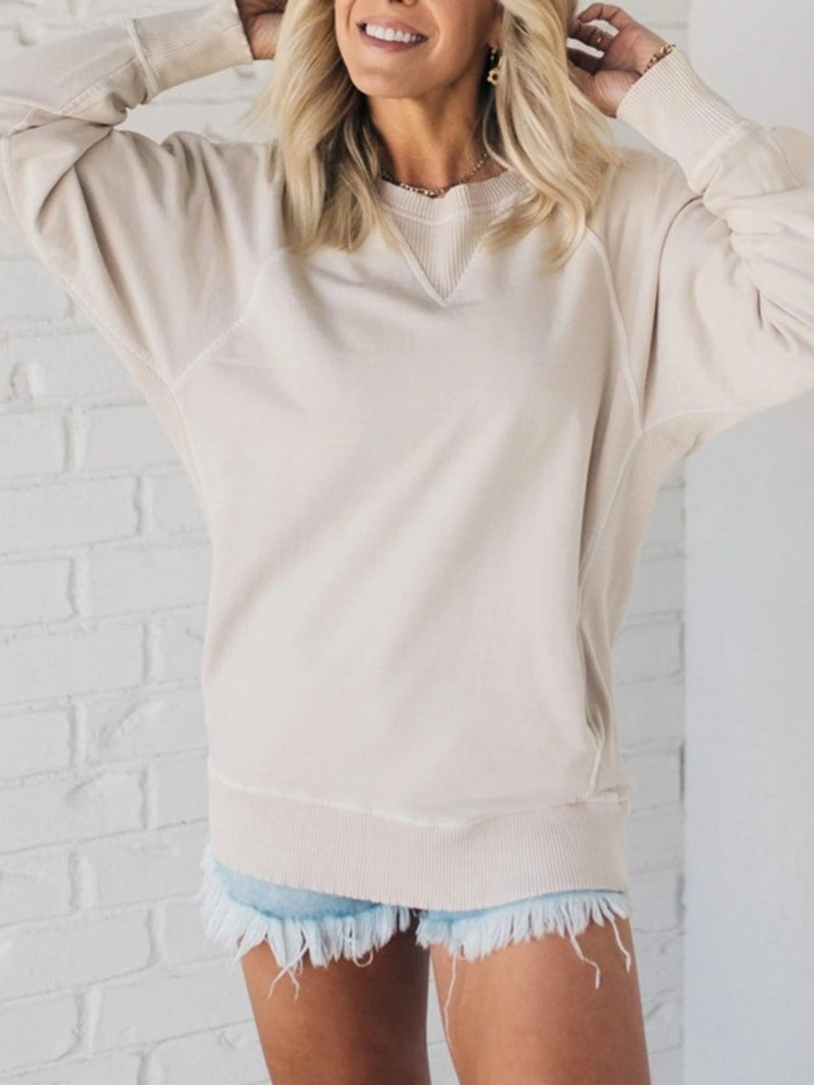taupe sweatshirt with hip-length and pullover