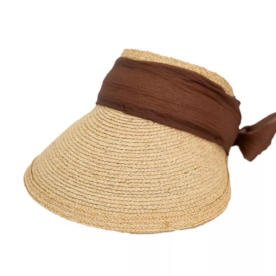 Straw visor hat in coffee color with brown ribbon tie and beaded detail