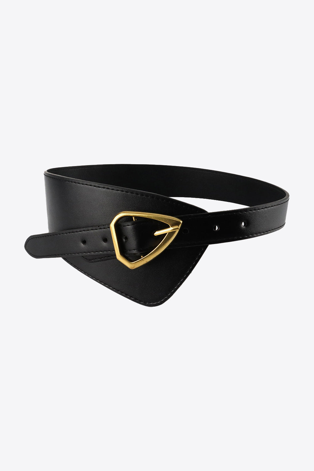 Black leather waist belt with asymmetric design and gold buckle detail