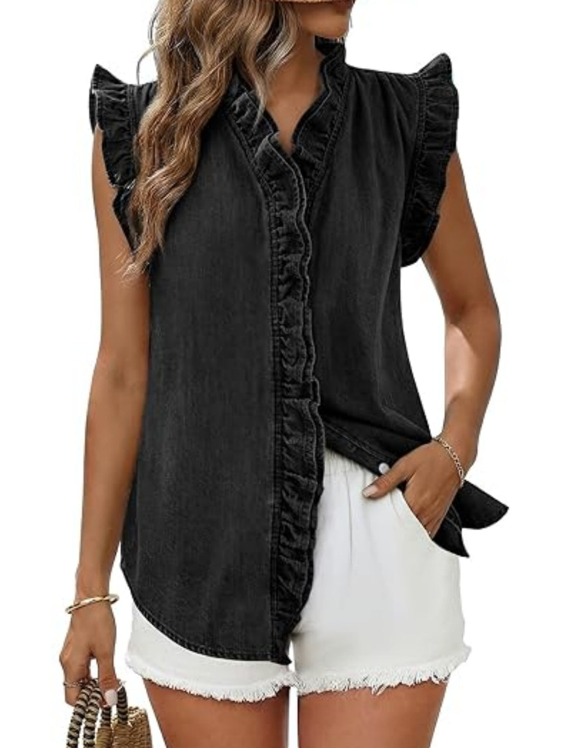 Dark Blue blouse with hip-length and half-button