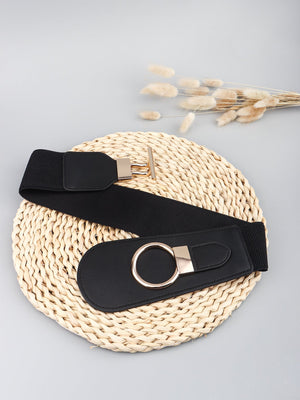 Black elastic belt with gold buckle and ring detail
