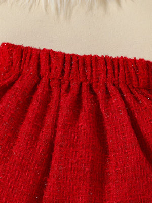 Red textured tweed skort with elastic waistband