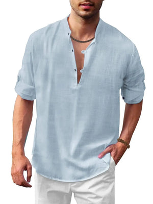 Light blue linen henley shirt with mandarin collar and rolled sleeves.