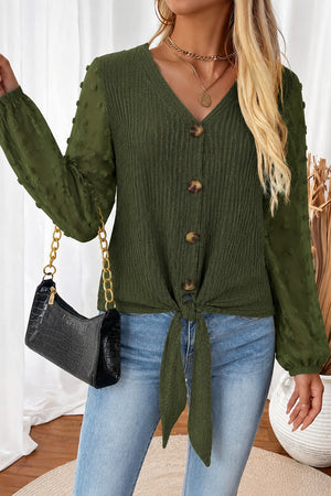 olive green button-down shirt with swiss dot and v-neck