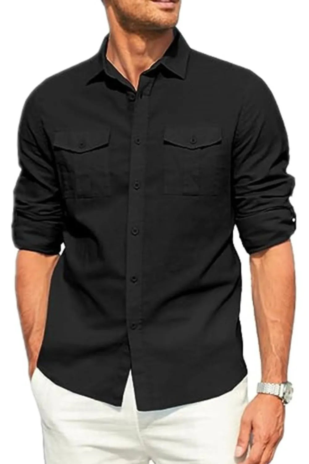 Black linen utility shirt with two chest pockets and button-down collar.