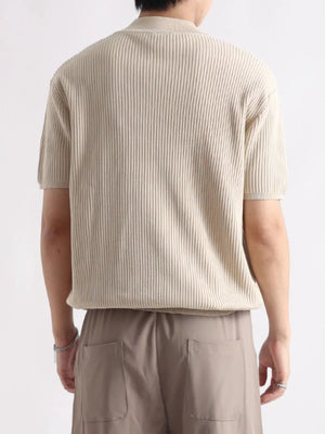 Men's ribbed knit mock neck t-shirt in apricot, short sleeves, lightweight cotton blend.