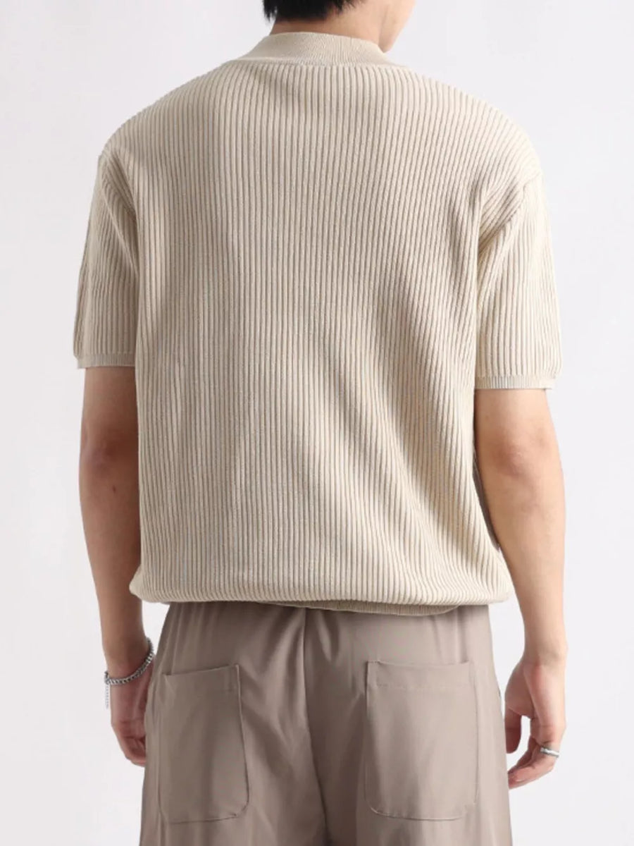 Men's ribbed knit mock neck t-shirt in apricot, short sleeves, lightweight cotton blend.