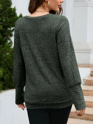 Gray textured V-neck knit long-sleeve top with ribbed cuffs and hem