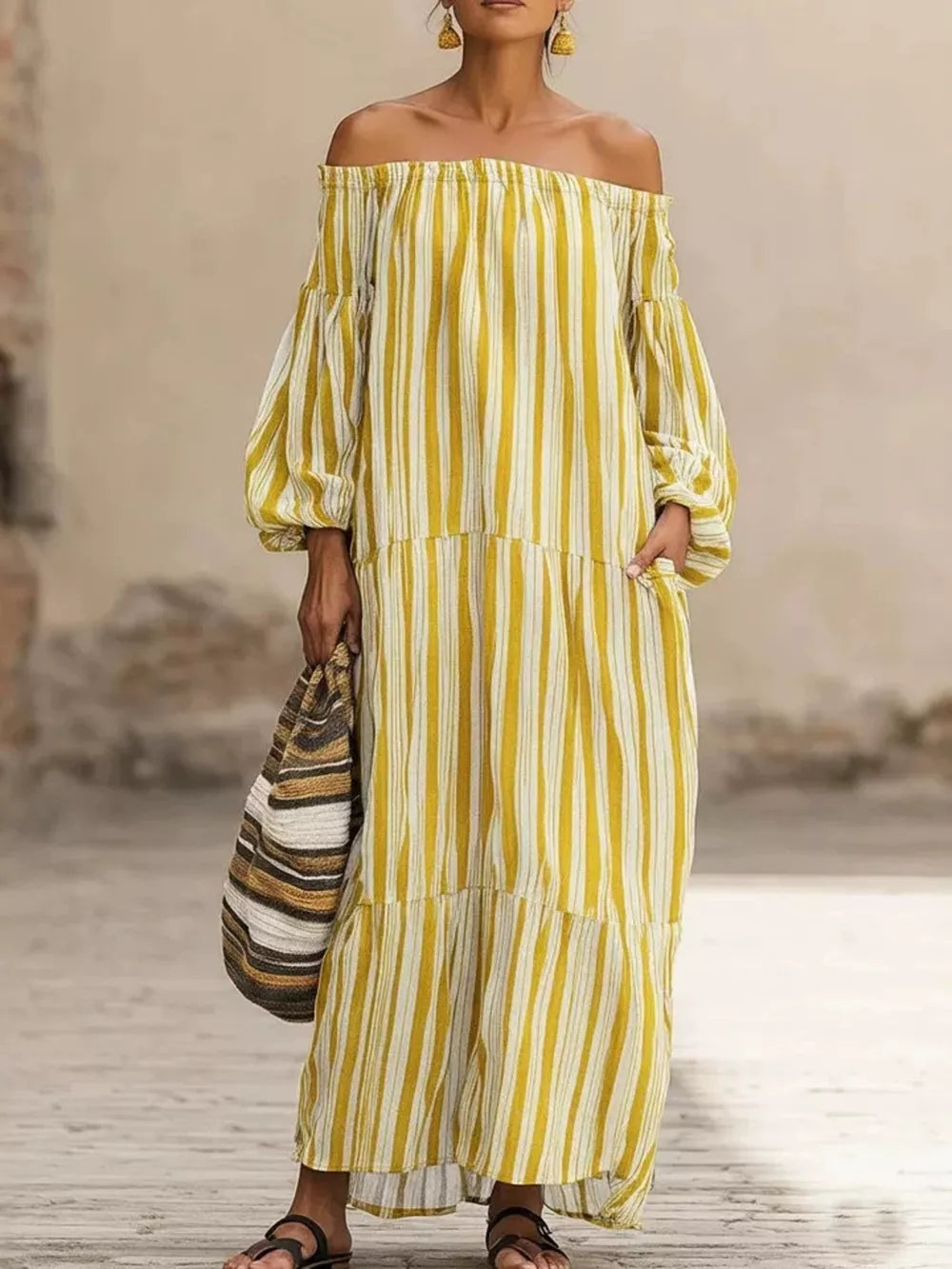 Camel maxi dress with tiered and long sleeve
