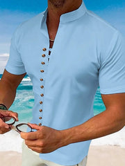 Light blue short sleeve Henley shirt with mandarin collar and button detail