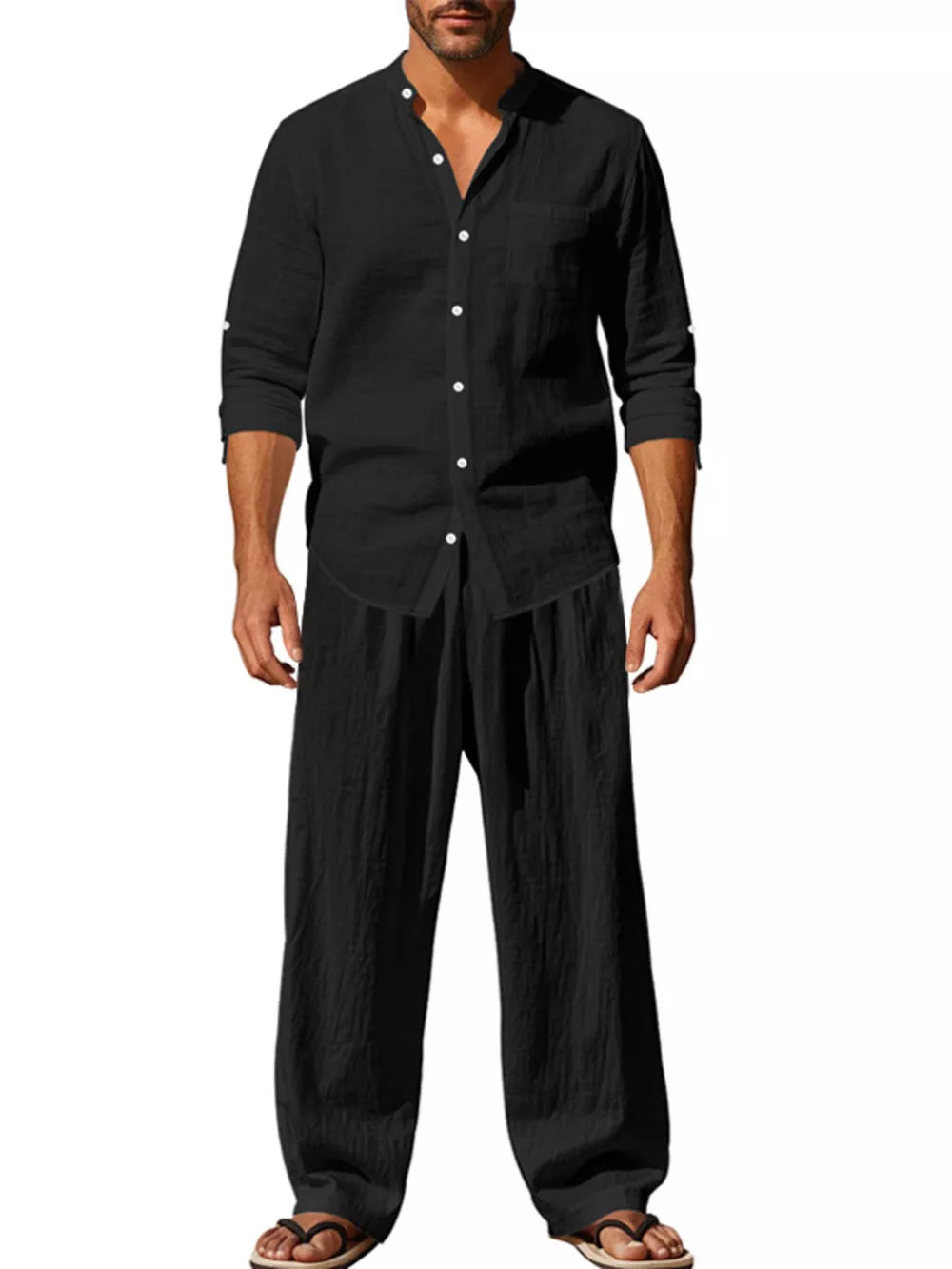 Black linen blend casual two-piece set for men, featuring a band collar shirt and wide-leg pants.